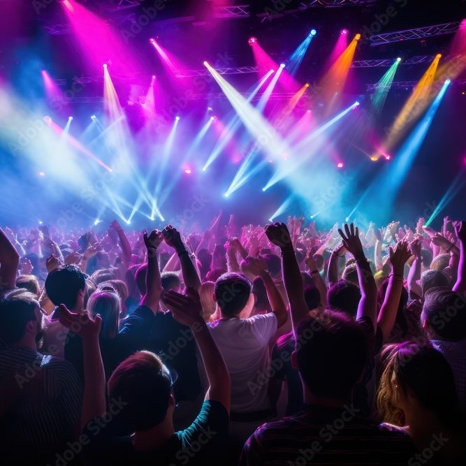 Bunte Lichter erhellen eine begeisterte Menschenmenge bei einem Konzert.